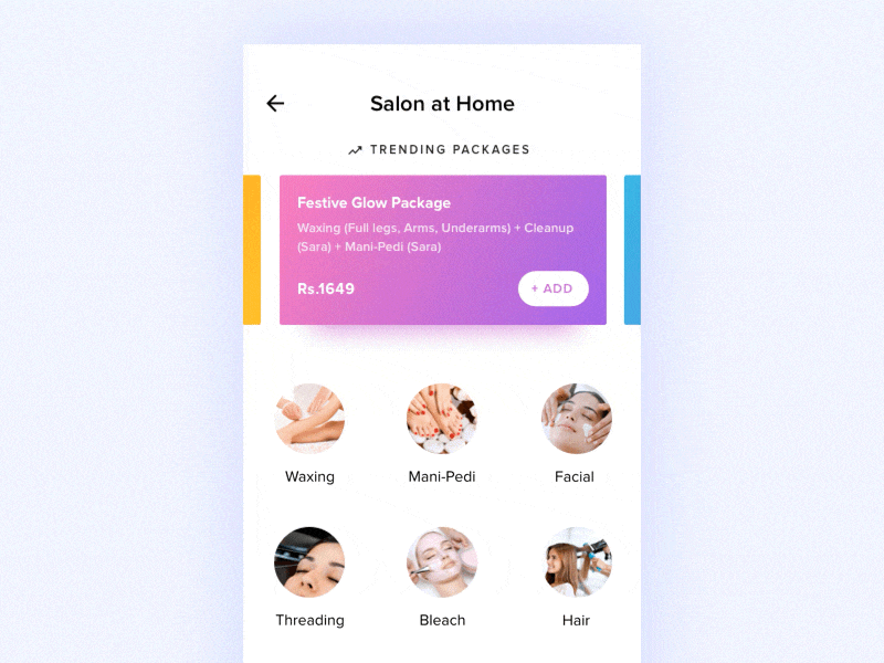 Salon category discovery exploration animation cards design gradient grid home minimal principle tabs typography ui ux
