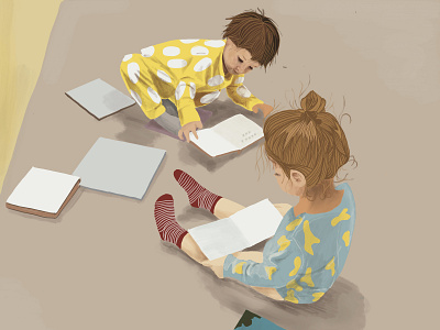 Kids reading books digital painting family illustration kids portrait procreate sketch