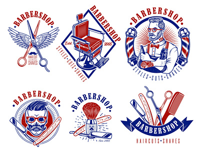 Set of vintage barbershop labels blue and red colors barber barbershop barbershop logo
