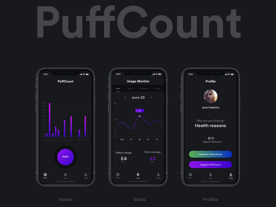 PuffCount dark theme graph infographics iphone ui ux design