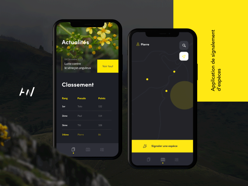 Reporting protected animals app concept animal animation app dark design gps hiking map mobile trail ui ux yellow