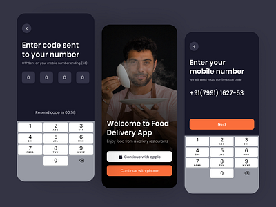 Dark Mode Food Delivery App Splash Screens animation branding dark app dark mode dark theme dark ui darkmode design foodapp fooddelivery graphic design illustration illustrator mobile uidesign vector