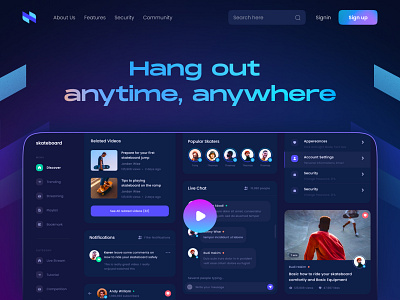 Hangout Social media Platform | #DarkMode 3d animation animation branding clean design dark mode darkmode dashboad dashboard ui design figma gradient graphic design illustration interaction design minimal mobile socialmedia typography ui ui ux