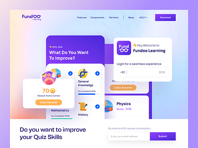 Fundoo Learning Header section animation app design branding colors design fundoo gamification gradients header hero section icons illustration logo typography ui uiux ux vector