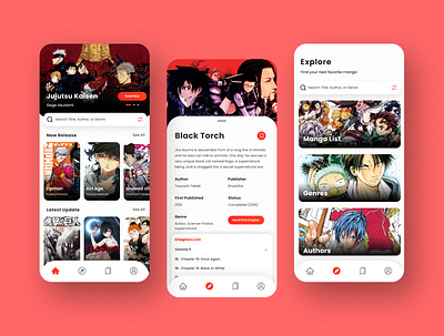 Shonen Manga Reader app black design iphone 11 manga minimal mobile app mobile app design mobile design mobile ui red shonen ui ux white