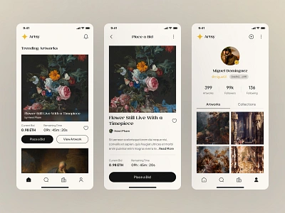 Artsy - NFT Marketplace Mobile art auction bid classic crypto design digital artworks ethereum mobile mobile app mobile design nft nft marketplace ui ui design ui mobile uiux uxdesign