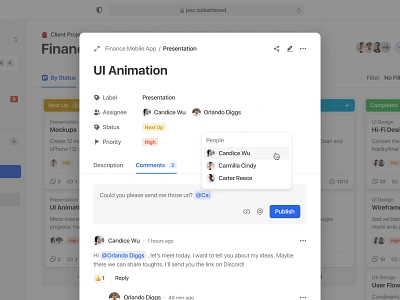 Jeez - Task and Comments card comments component dashboard kanban modal pannel project management saas task management team to do ui ux web app