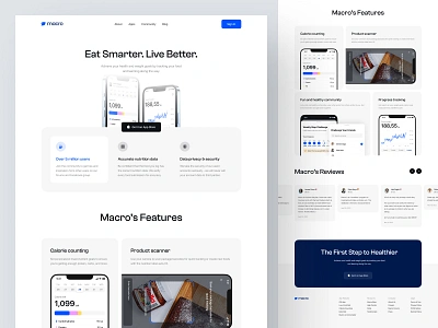 Macro - Calorie Counter Landing Page activity calorie clean diet fitness food health healthcare homepage landing page macro nutrition stats tracker ui ux web design website