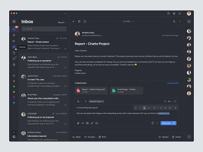 Flowmail - Email Client App Dark app chat clean component dark dark mode dashboard desktop email email client inbox management messenger night project task ui web app