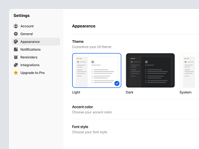 Do It - Appearance Settings appearance clean component dark light menu modal planner pop up preference productivity settings to do list ui ux