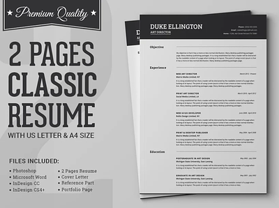 Two Pages Classic Resume CV Template coverletter creative design cv template design illustration professional resume resume resume template