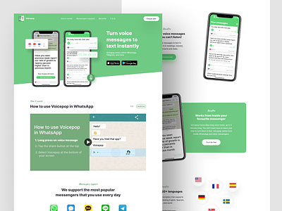 Voicepop web product page concept android creative design full page green interface ios landing message message app mobile app transcribing typography ui ux web