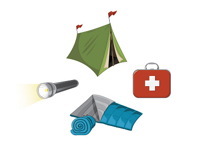 Camping Essentials camping first aid kit flashlight sleeping bag tent vector illustration