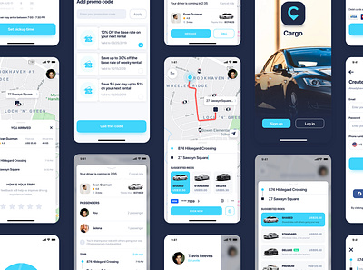 Cargo - Car Booking & Sharing App - v01 aber app app ui booking bundle delivery flat grab interface ios map tracking material mobile on demand ordering sharing taxi ui uber ui ui kit
