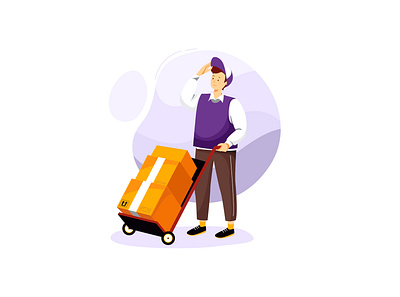 Delivery Courier Pushing a Trolley with Box app bicycle box carry courier delivery drone express illustration kit logistic mobile on boarding package service shipment superman transport ui vector