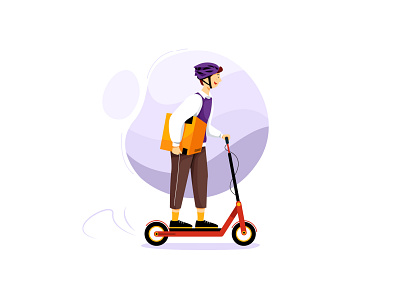 Delivery Courier Riding Electric Scooter app bicycle box carry courier delivery drone express illustration kit logistic mobile on boarding package service shipment superman transport ui vector