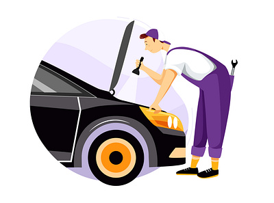 Mechanic standing in front of the hood and repairing the car artist artwork banner car repair car service car wash character graphic header icon illustration illustrator isometric landing mechanic page tire service vector web