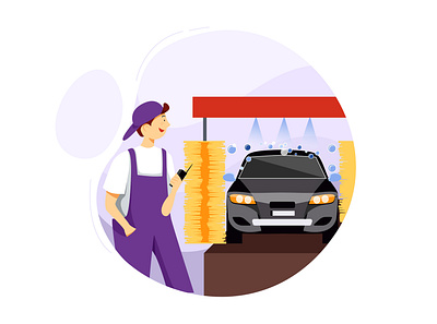 Mechanic on automatic car wash artwork banner car service character graphic header illustration illustrator isometric landing page tire balance tire balance vector web