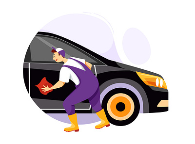 Worker wiping the windows dry after washing the car artwork banner car service character graphic header illustration illustrator isometric landing page tire balance vector web