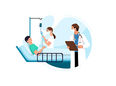 Sick young person lies with dropper near with doctor and nurse care clinic diagnose doctor healthcare hospital illustration medical nurse patient phamacy sick specialist treatment vector