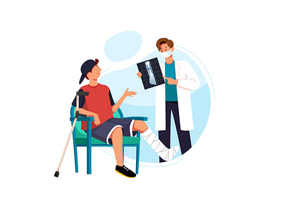 Young man with broken leg, bone in doctor s office at reception. care clinic diagnose doctor healthcare hospital illustration medical nurse patient phamacy sick specialist treatment vector