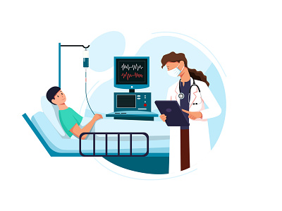Young woman doctor with tablet and patient care clinic diagnose doctor healthcare hospital illustration medical nurse patient phamacy sick specialist treatment vector
