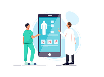 Doctors examining a patient using a medical app care clinic diagnose doctor healthcare hospital illustration medical nurse patient phamacy sick specialist treatment vector