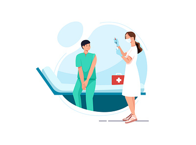 Young man at vaccination with woman nurse with syringe. care clinic diagnose doctor healthcare hospital illustration medical nurse patient phamacy sick specialist treatment vector