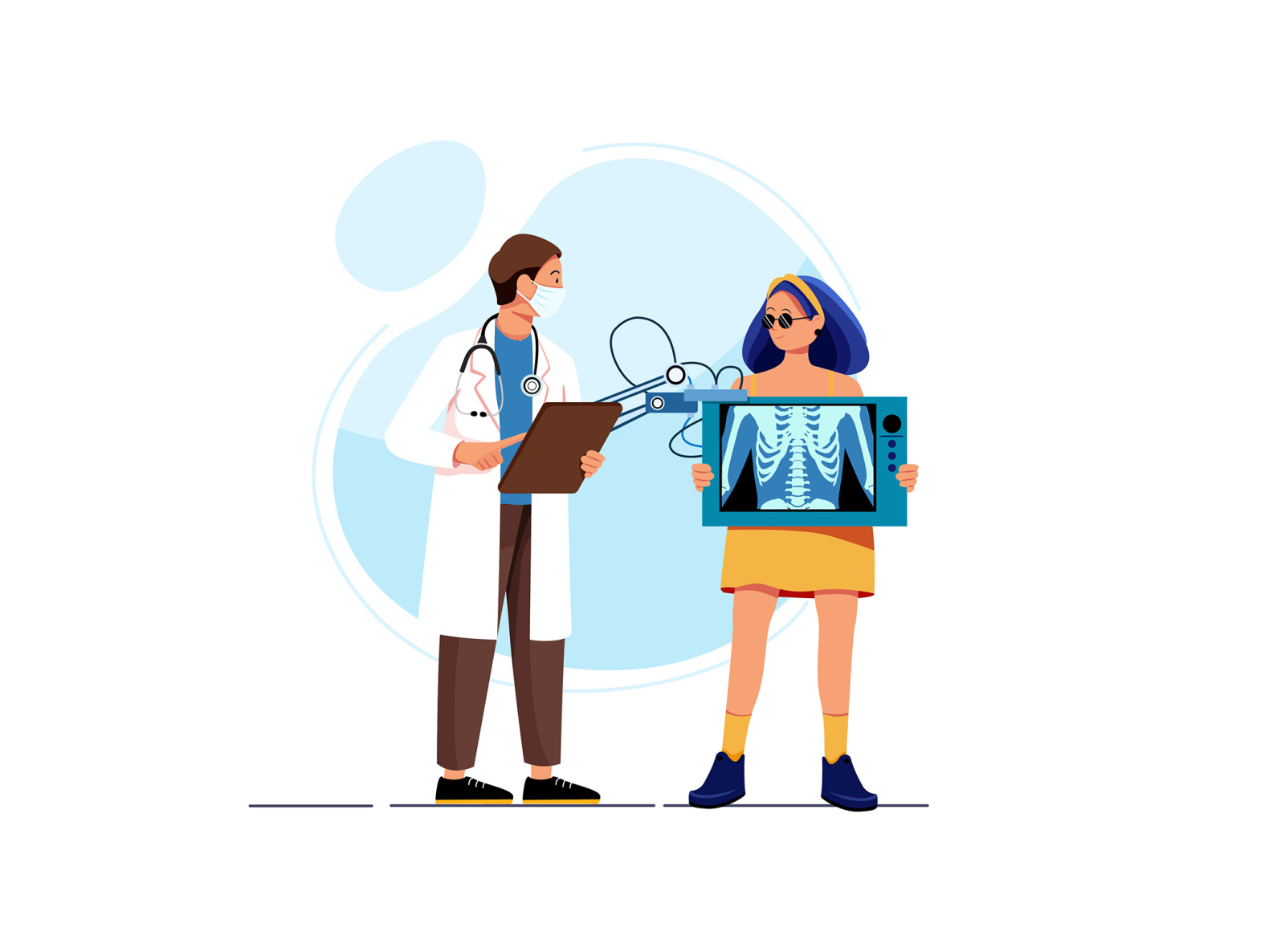 Young woman with stylish clothes near man doctor with x-ray. care clinic diagnose doctor healthcare hospital illustration medical nurse patient phamacy sick specialist treatment vector