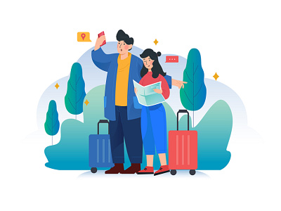 Couple of tourists consulting a city guide and smartphone gps book city guide design holiday hotel illustration luggage map order service ticket tourism travel trip ui vacation vector vector art