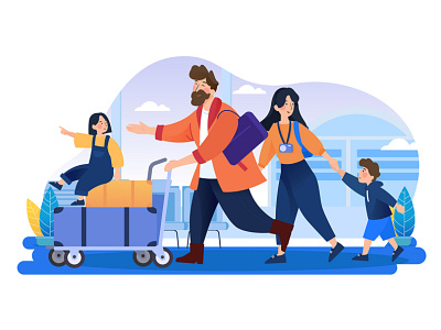 Parents and children at the airport fly away for a vacation. airport book concept family holiday hotel illustration luggage material order service ticket tourism travel trip ui vacation