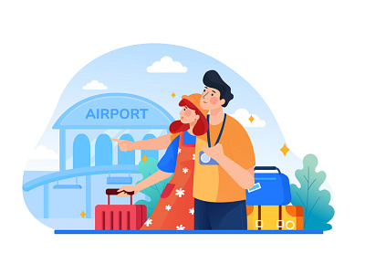 Traveling couple of young people. book design holiday hotel illustration interface luggage material order service ticket tourism travel trip ui vacation