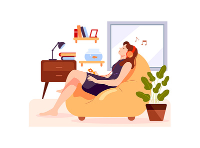 The girl is relaxing on the couch and listening to the music communication concept design freelance home illustration material relaxing remote remotely sofa stay at home teamwork together vector work workplace workshop