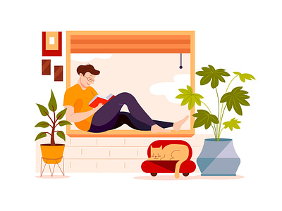 The boy reads book on the windowsill business communication design freelance home illustration reading book relaxing remote remotely stay at home teamwork together ui vector work workplace workshop