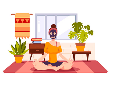 The girl is wearing face mask and taking a yoga business communication concept face mask freelance home illustration interface remote remotely stay at home teamwork together vector work workplace workshop yoga