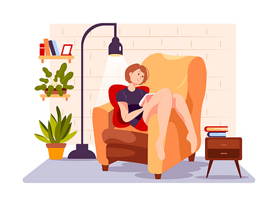 The girl is reading novel on the couch branding business communication design freelance home illustration interface remote remotely stay at home teamwork together vector work workplace workshop