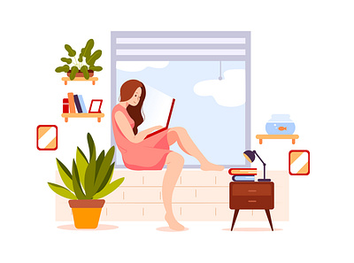 The girl is using her laptop on the windowsill business communication concept design freelance home illustration material remote remotely stay at home teamwork together vector work workplace workshop