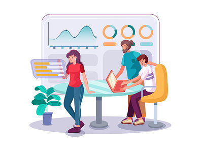 Team works on project with help of analytics, computers and grap app business businessman capital chart currency finance financial graphic growth illustration investment money office project startup teamwork vector work