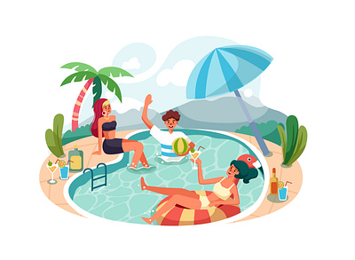 Happy people enjoying swimming pool party abstract banner character concept flat graphic header illustration infographic isometric landing onboarding page party swimming swimming pool team building vector web work