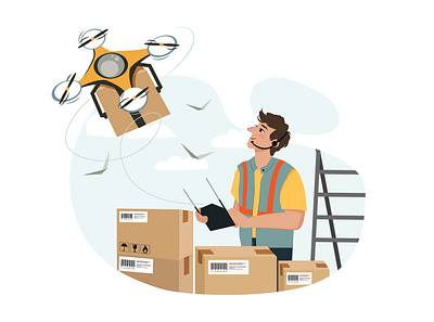 Young handsome man controls drone delivery box concept delivery design drone flat illustration interface ios material minimal parcel template theme vector web website