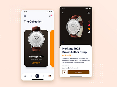 Watch shop mobile app concept app cart checkout details flat interface ios material minimal mobile product shop store template theme ui design ui kit ux watch wireframe