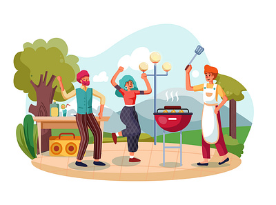 Group of friends dancing at outdoors barbecue party barbecue celebration cheerful concept cooking dance dancing decoration drink eating enjoying holiday illustration outdoors party summer talking together vector weekend