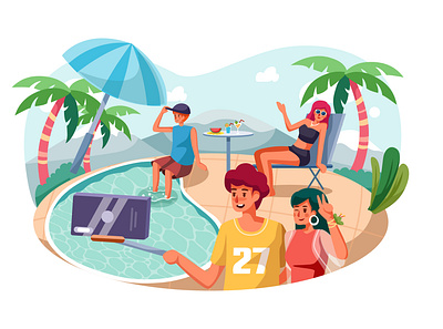 Young couple are making selfie while having fun in pool concept couple design flat illustration interface material pool selfie vector web
