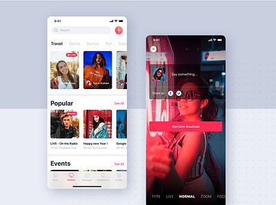 Streaming app mobile concept app broadcast concept events app flat interface kit material mobile podcast streaming app ui ui kit video