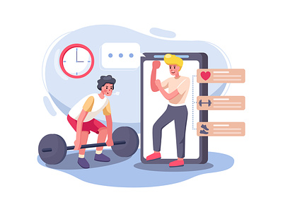 The man learning to lift weights with online teacher. app college course courses device e-book education illustration learning library management online online learning society student study studying teaching template video tutorial