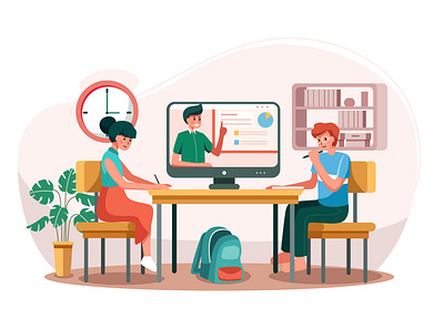 The boy and the girl learning online course on the table. college courses device e book language learning management networking online online learning skill society student study studying teaching video tutorial