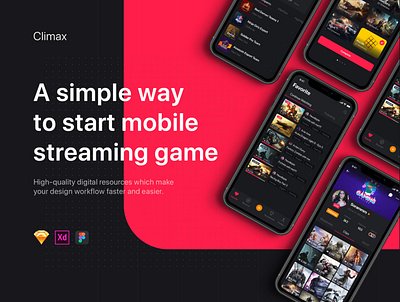 Climax - Live Game Streaming UI Kit app feed gamer interface ios live material mobile networking podcast post profile social stream streamer template tournament ui kit ux wireframe