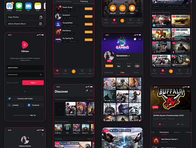 Climax - Live Game Streaming UI Kit app feed gamer interface ios live material mobile networking podcast post profile social stream streamer template tournament ui kit ux wireframe