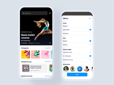 Filters - Online Course UI Kit app certificate class course app courses education education app instructor interface learning material minimal mobile premium school subscription teacher training ui kit video app