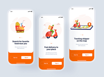 Onboarding - Food Delivery UI Kit app authentication booking checkout deliver delivery food food app interface map view material minimal mobile onboaring order ordering profile restaurant tracking ui kit